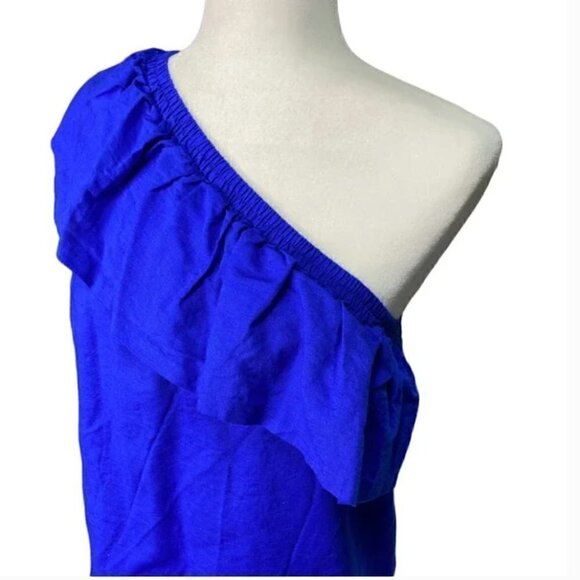 J. Crew Factory Linen Blend Dress XXS NWT Royal Blue One Shoulder Ruffle Party - Picture 7 of 7